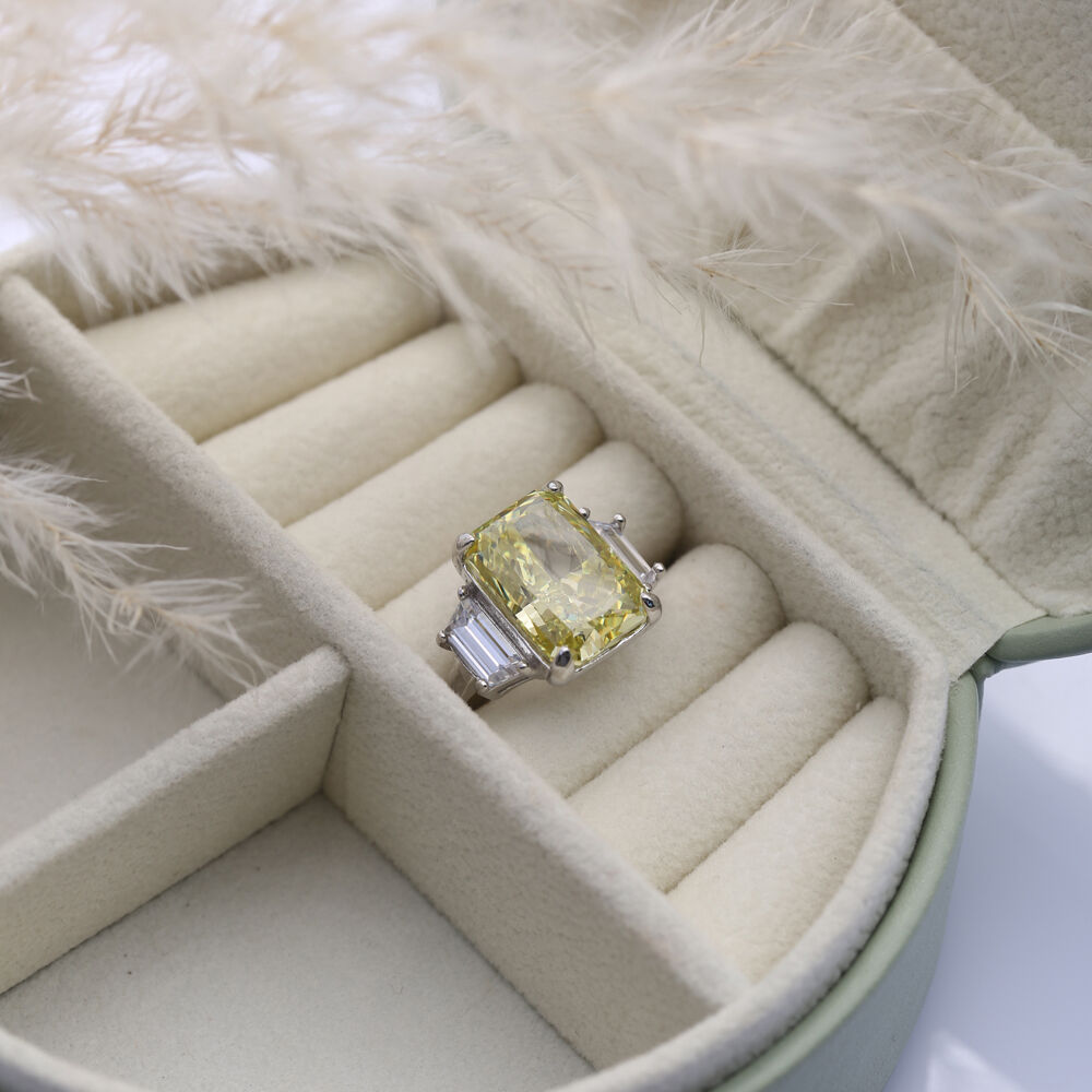 Yellow Citrine CZ Stone Baguette Shape Cluster Zircon Ring