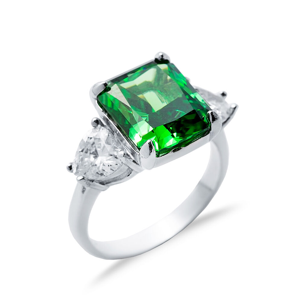 Emerald CZ Stone Baguette Heart Design Cluster Zircon Ring