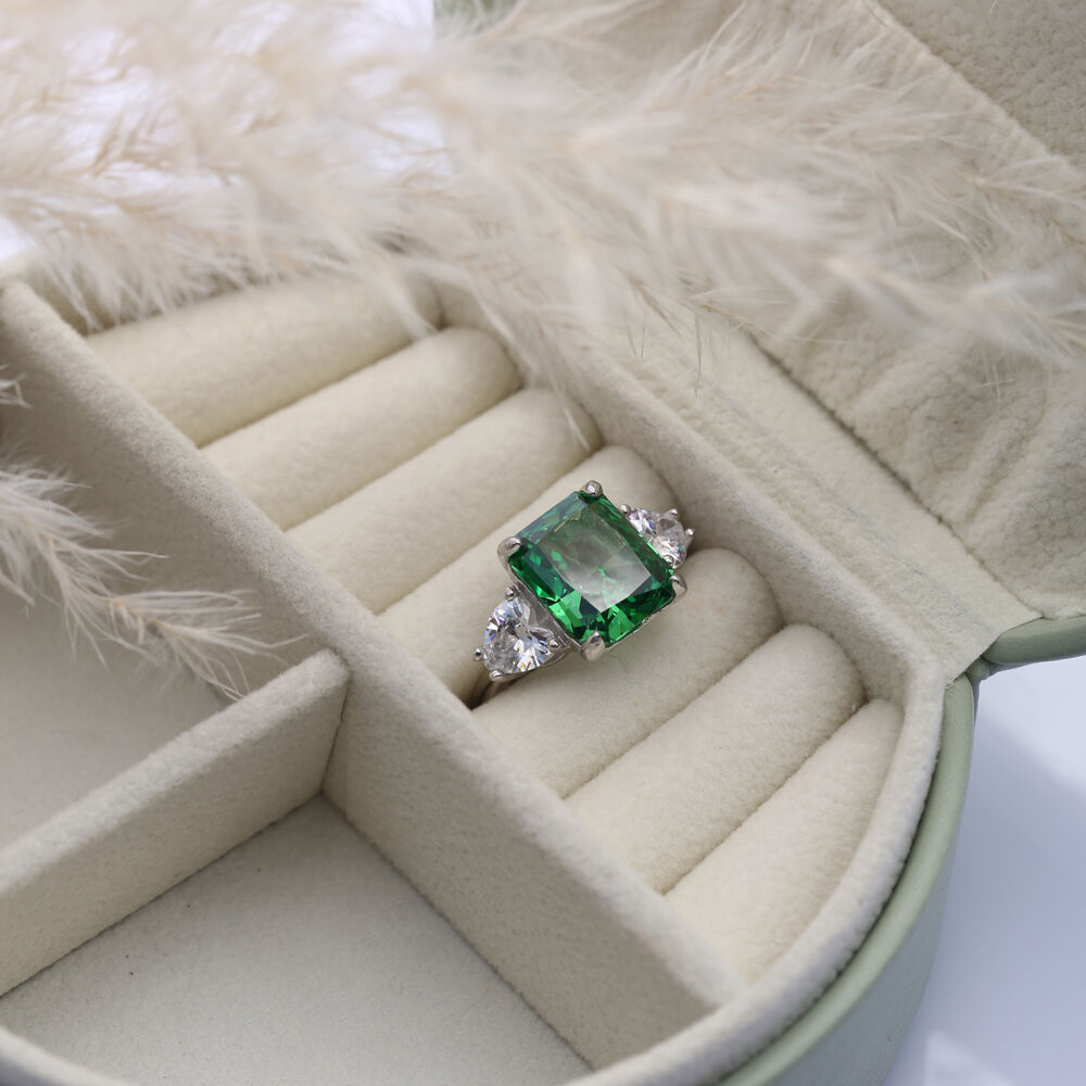 Emerald CZ Stone Baguette Heart Design Cluster Zircon Ring