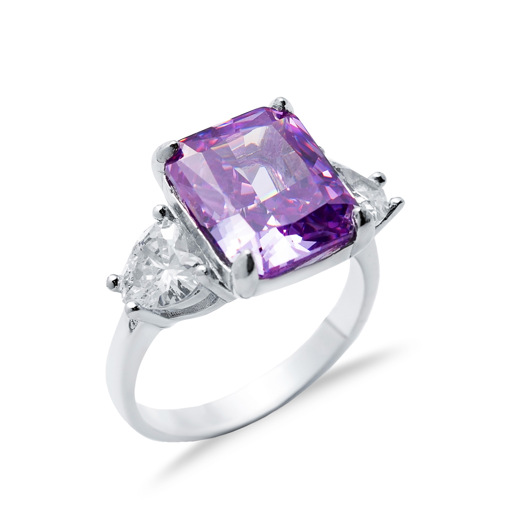 Amethyst CZ Stone Baguette Heart Design Cluster Zircon Ring