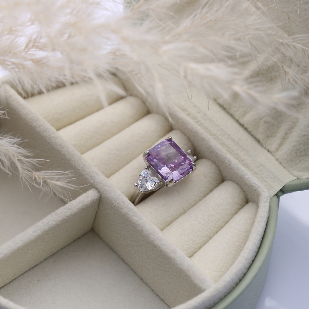 Amethyst CZ Stone Baguette Heart Design Cluster Zircon Ring