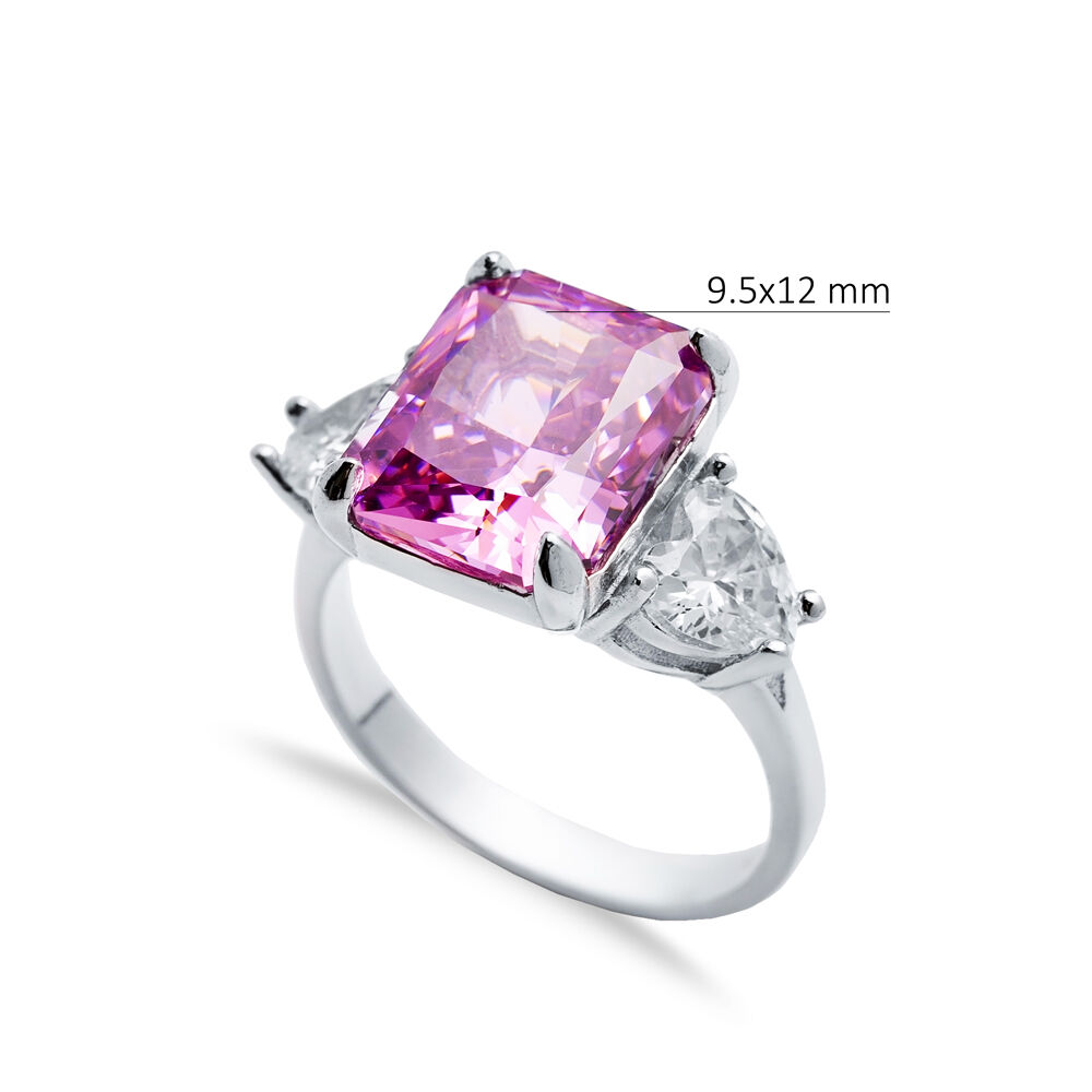 Pink CZ Stone Baguette Heart Design Cluster Zircon Ring