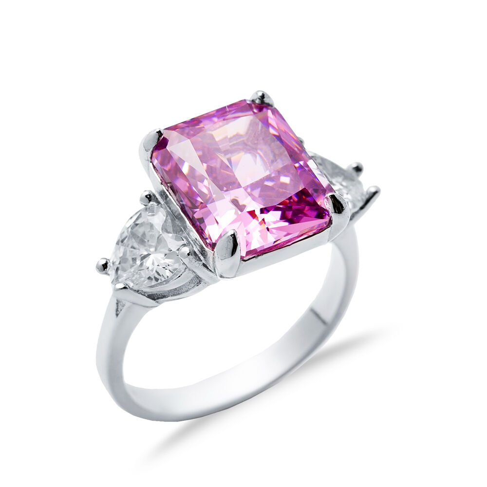 Pink CZ Stone Baguette Heart Design Cluster Zircon Ring