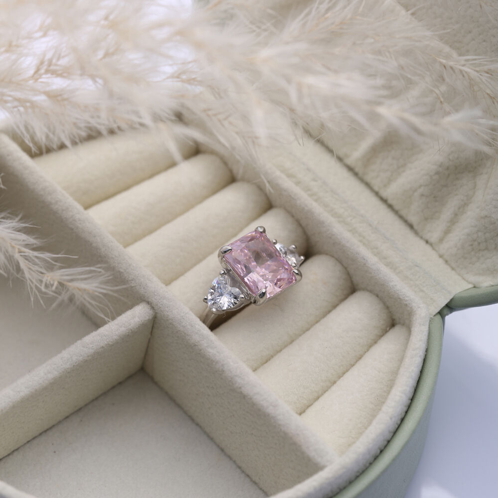 Light Pink CZ Stone Baguette Heart Design Cluster Zircon Ring