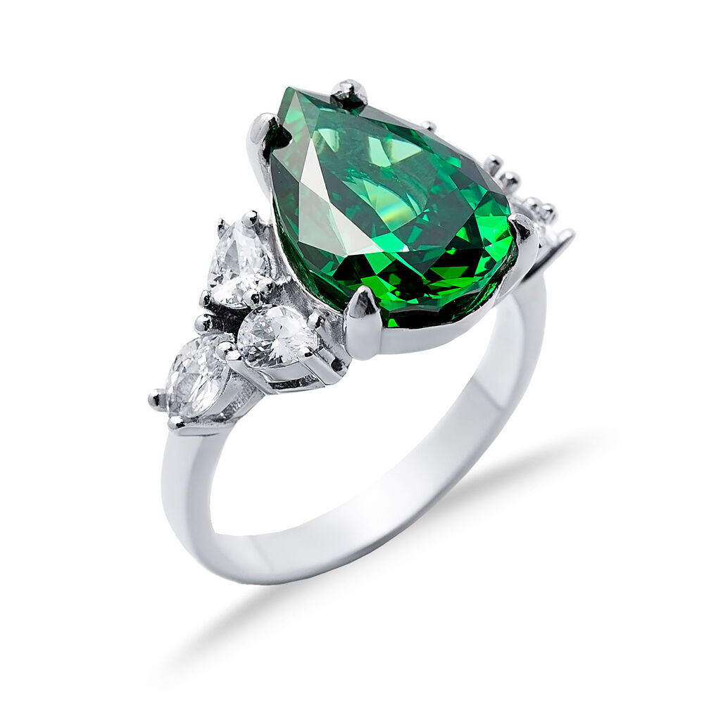 Emerald CZ Stone Pear Drop Design Cluster Zircon Ring