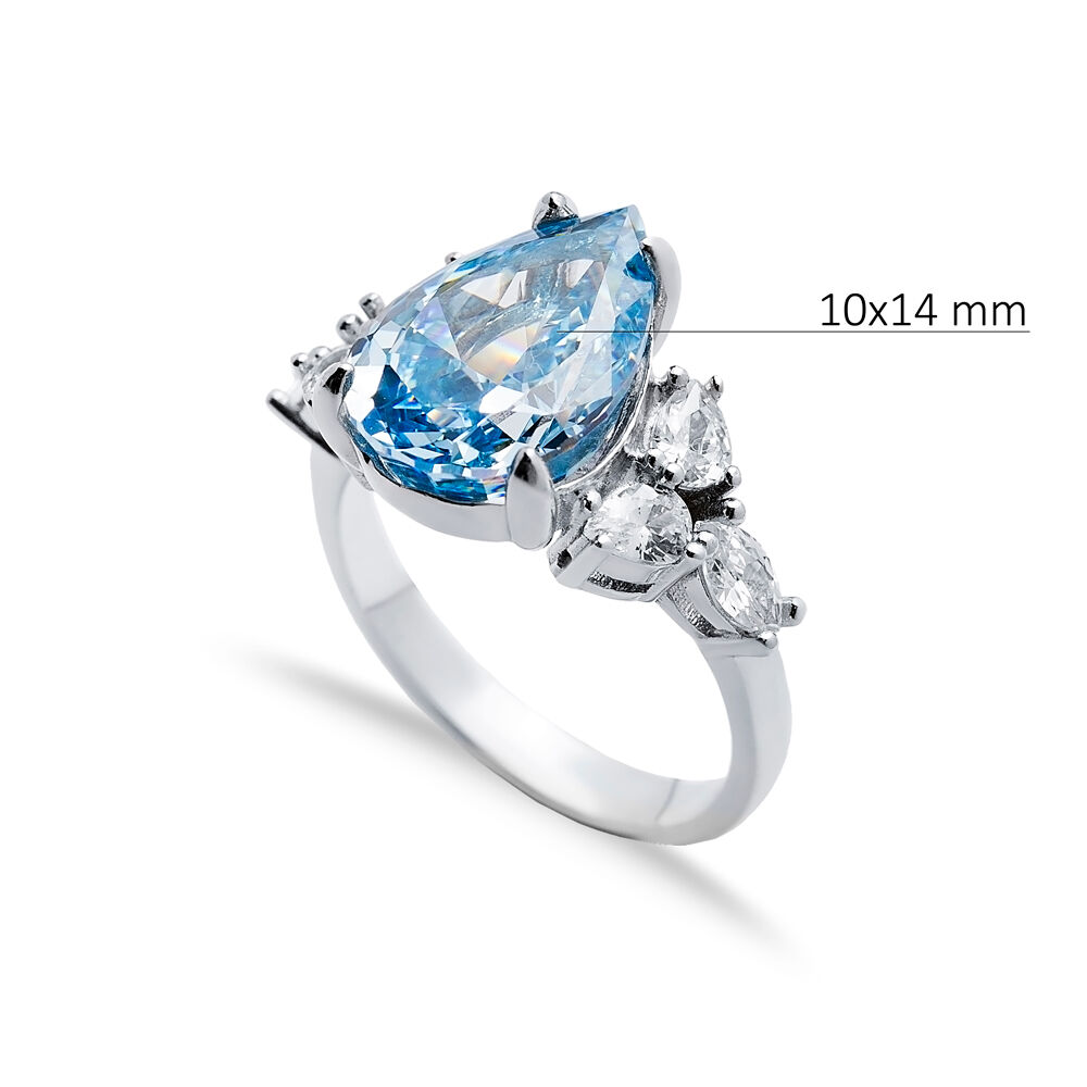 Aquamarine CZ Stone Pear Drop Design Cluster Zircon Ring