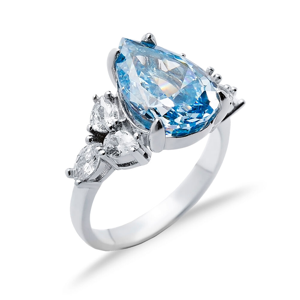 Aquamarine CZ Stone Pear Drop Design Cluster Zircon Ring