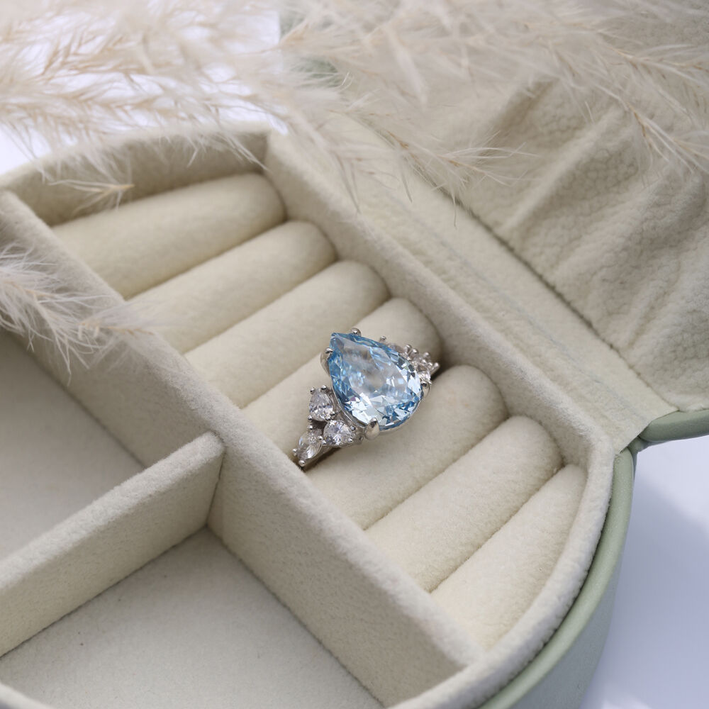 Aquamarine CZ Stone Pear Drop Design Cluster Zircon Ring