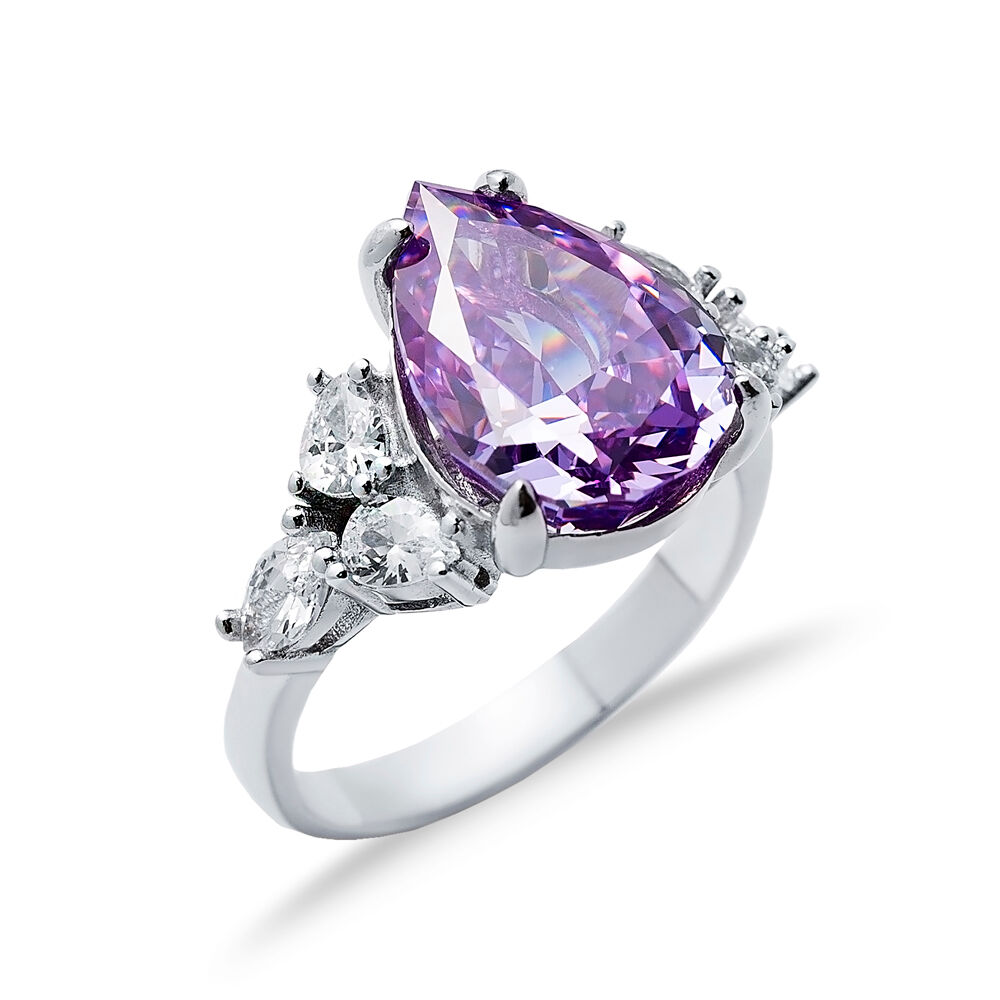 Amethyst CZ Stone Pear Drop Design Cluster Zircon Ring