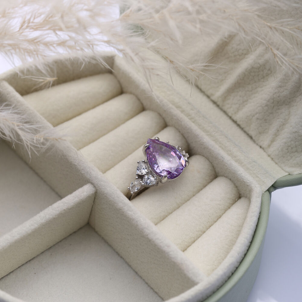 Amethyst CZ Stone Pear Drop Design Cluster Zircon Ring