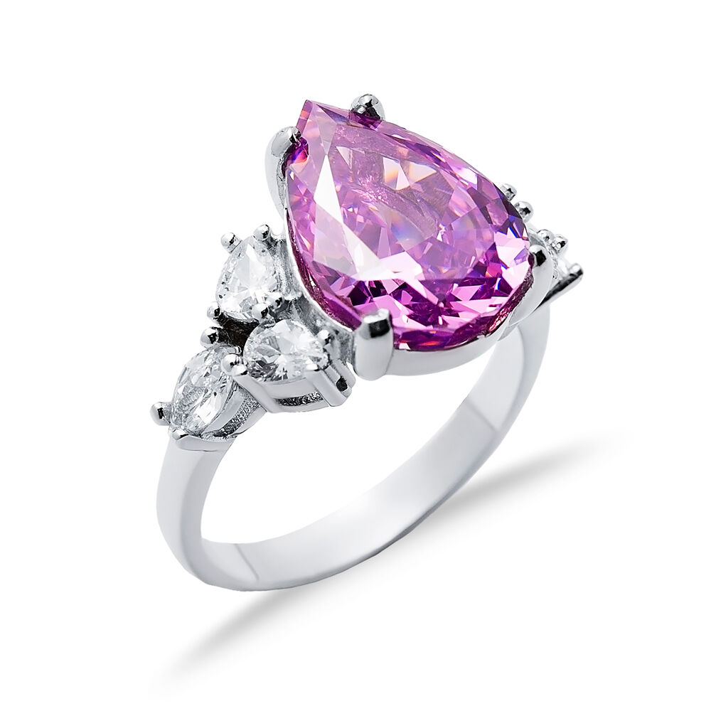 Pink CZ Stone Pear Drop Design Cluster Zircon Ring