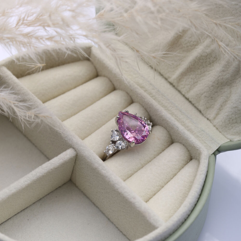 Pink CZ Stone Pear Drop Design Cluster Zircon Ring