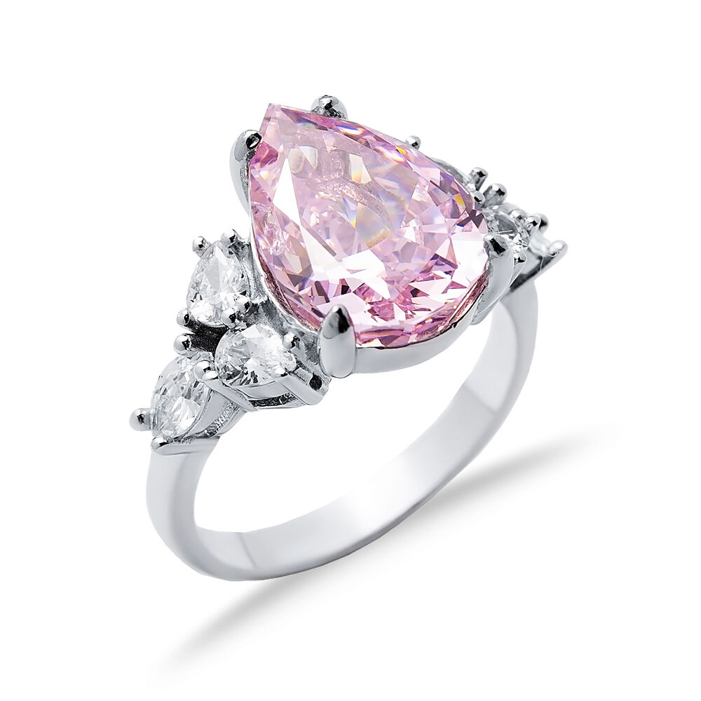 Light Pink CZ Stone Pear Drop Design Cluster Zircon Ring