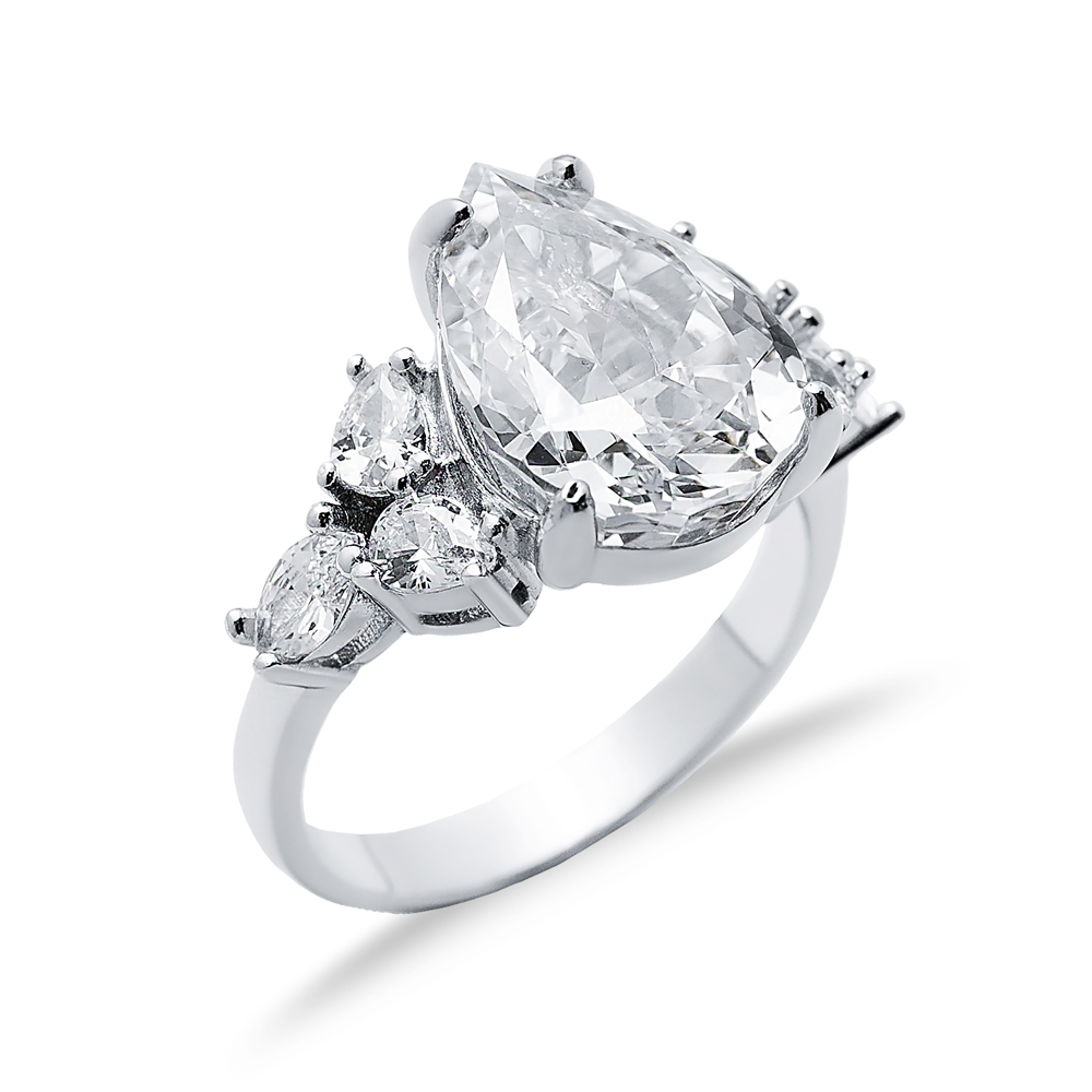 White CZ Stone Pear Drop Design Cluster Zircon Ring