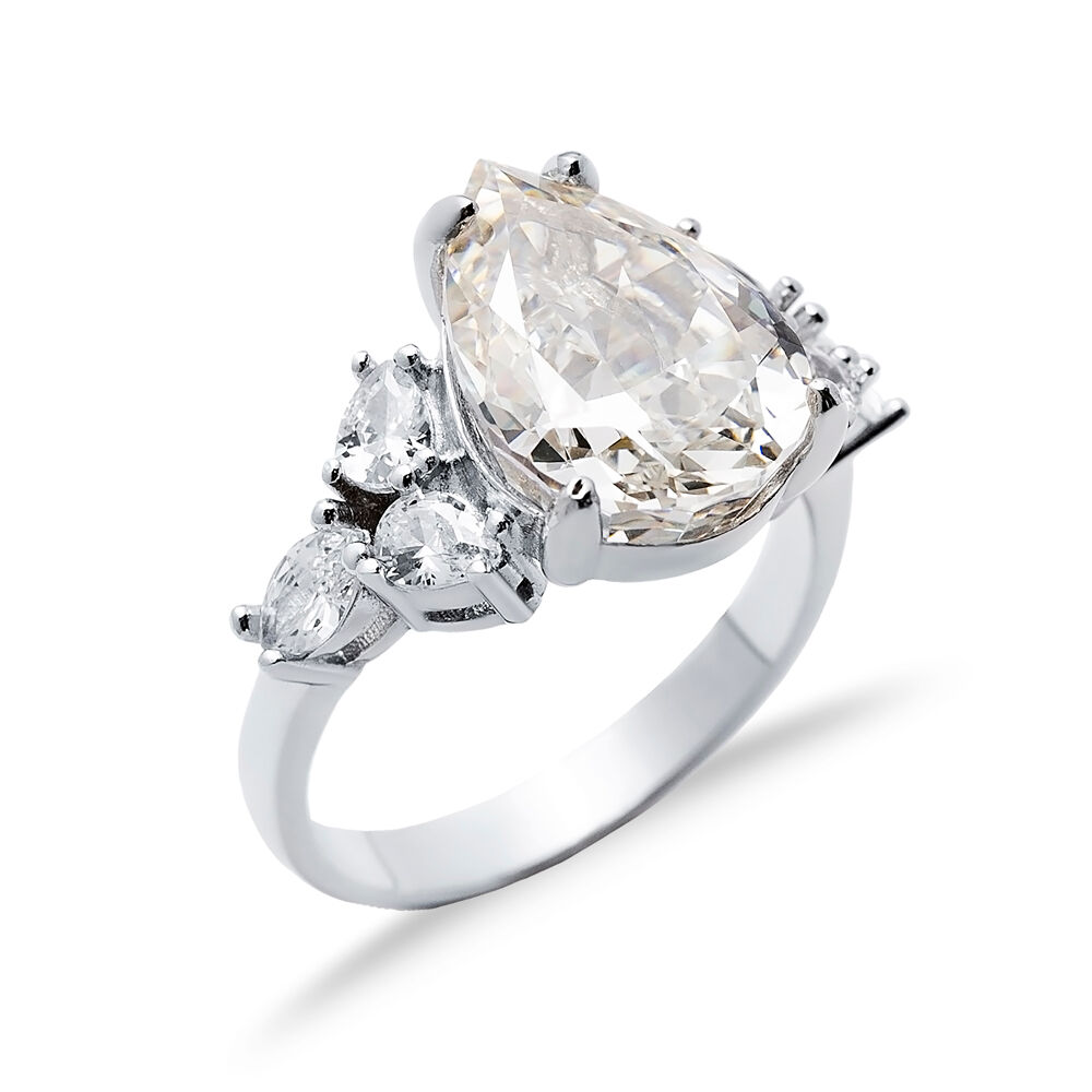 Off White CZ Stone Pear Drop Design Cluster Zircon Ring