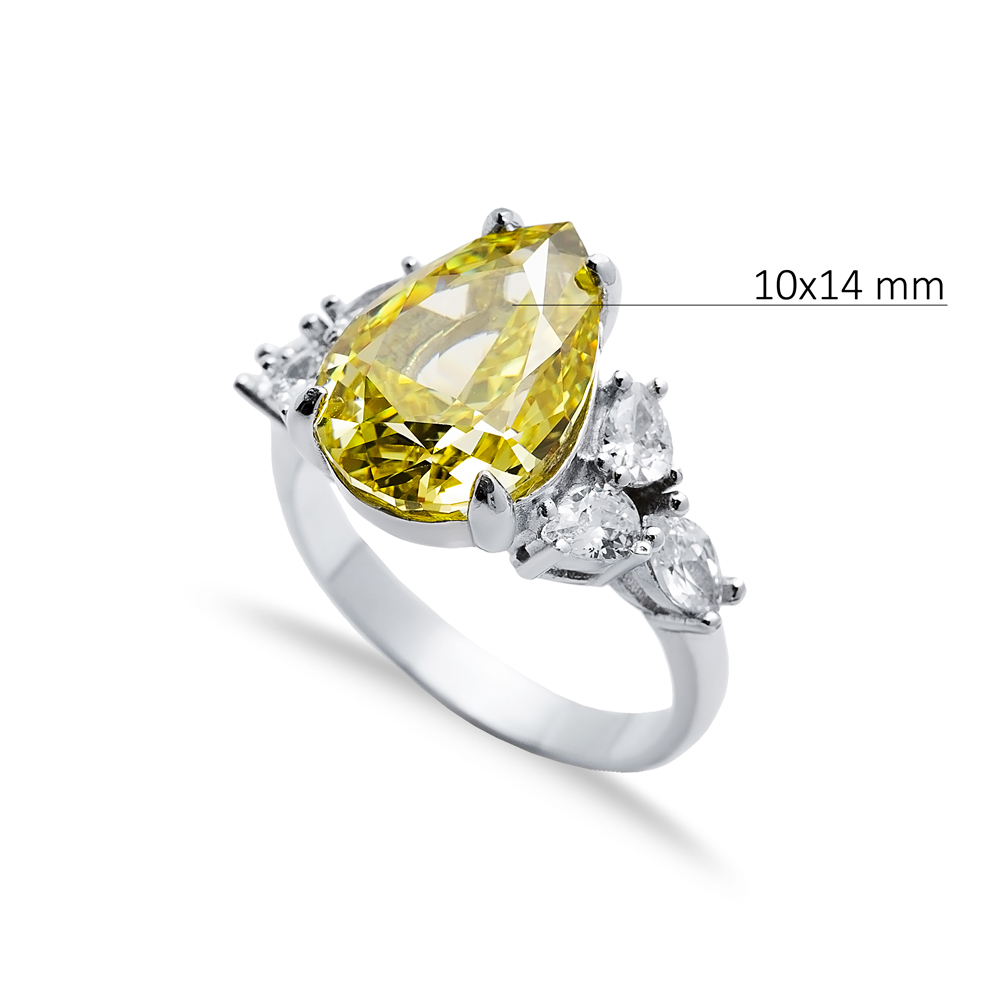 Yellow Citrine CZ Stone Pear Drop Design Cluster Zircon Ring