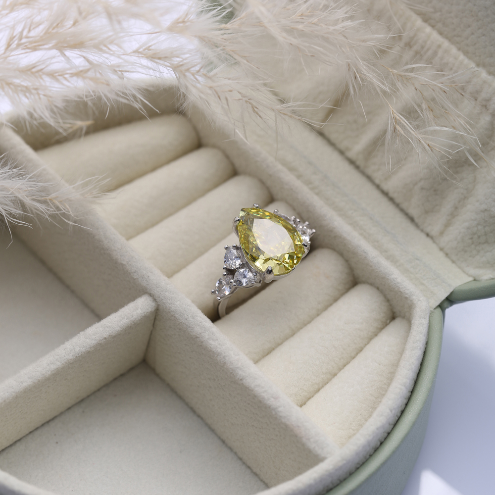 Yellow Citrine CZ Stone Pear Drop Design Cluster Zircon Ring