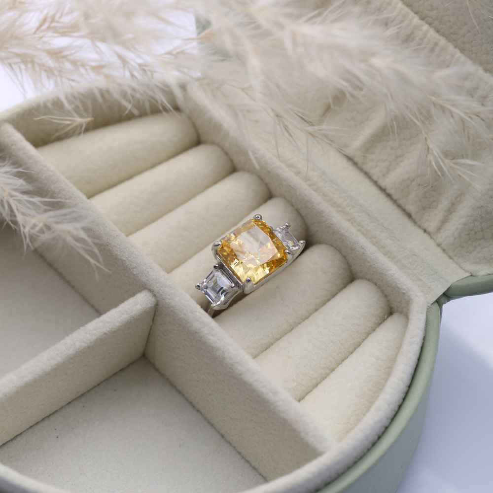 Square Design Citrine CZ Stone Cluster Zircon Ring Jewelry