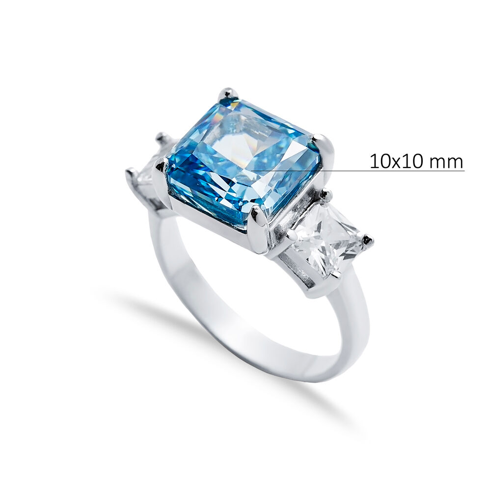 Aquamarine CZ Stone Square Design Cluster Zircon Ring