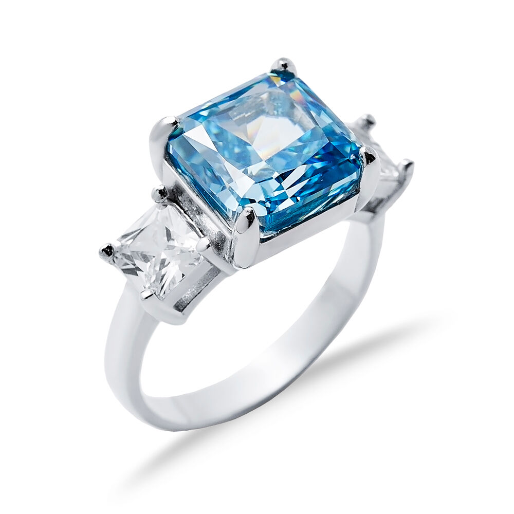 Aquamarine CZ Stone Square Design Cluster Zircon Ring