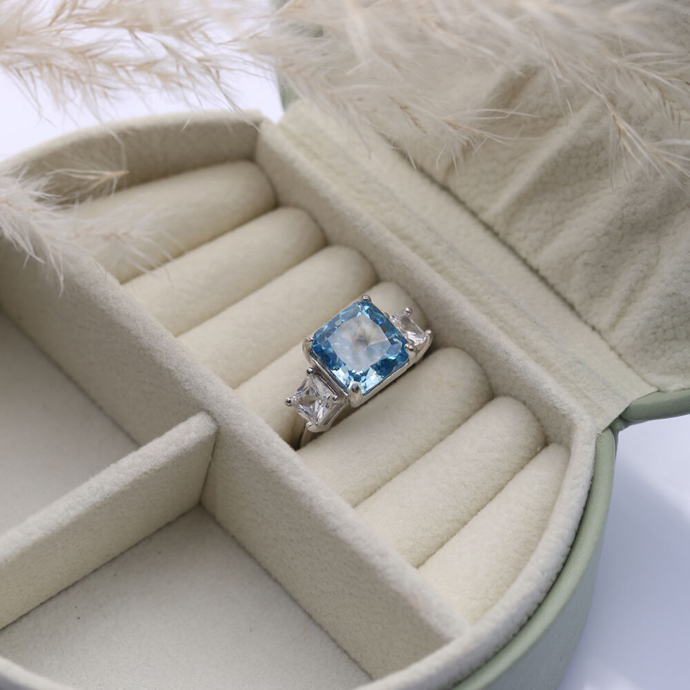 Aquamarine CZ Stone Square Design Cluster Zircon Ring