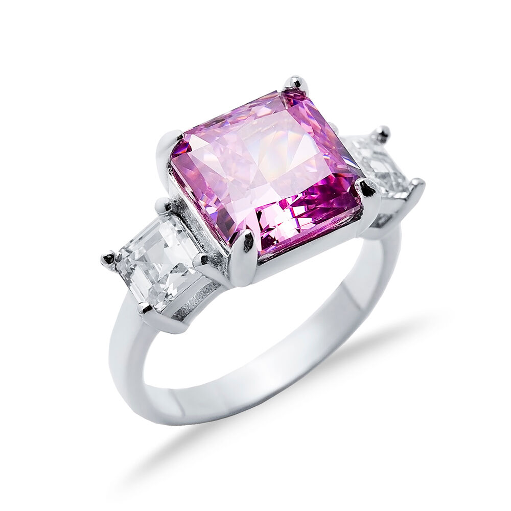 Pink CZ Stone Square Design Cluster Zircon Ring