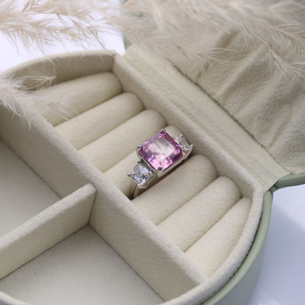 Pink CZ Stone Square Design Cluster Zircon Ring