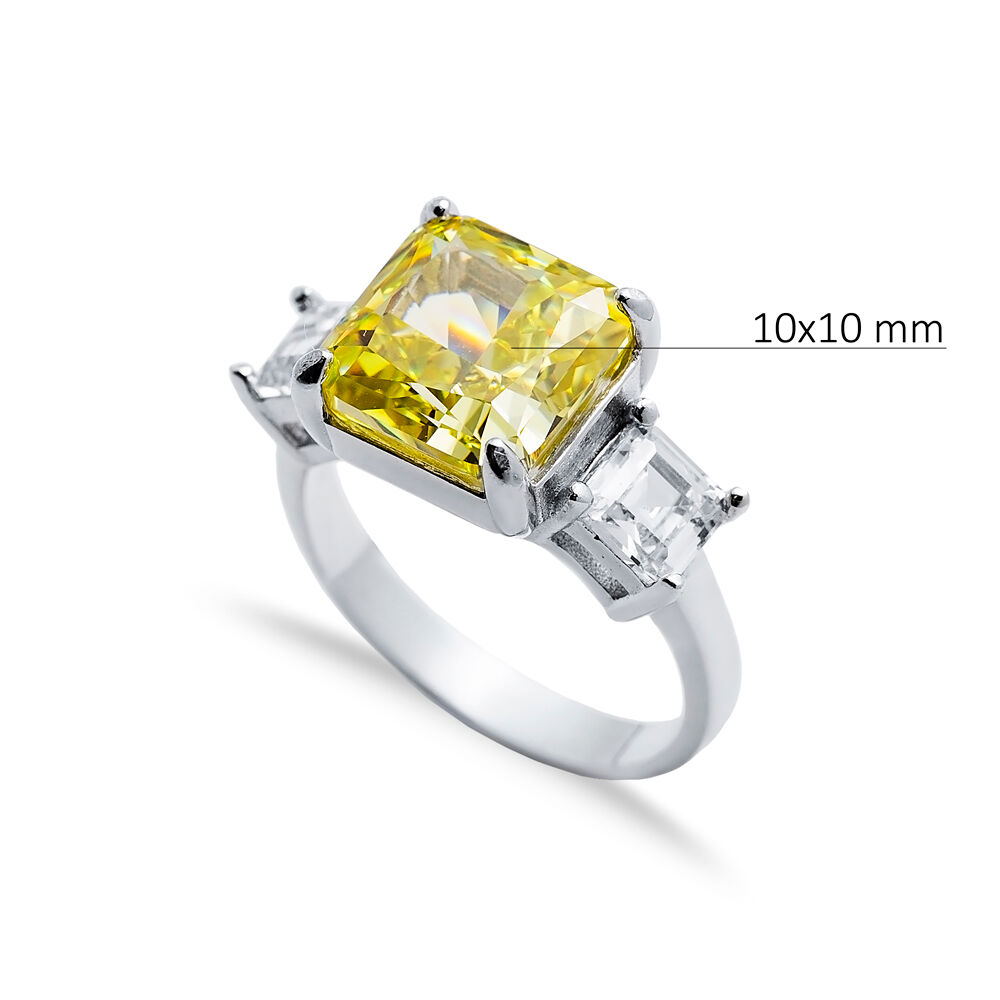 Yellow Citrine CZ Stone Square Design Cluster Zircon Ring