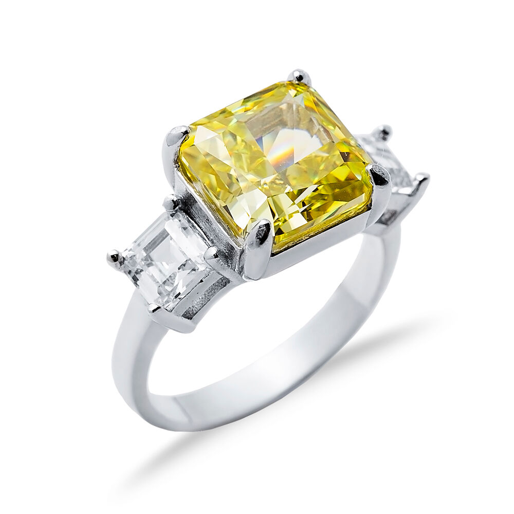 Yellow Citrine CZ Stone Square Design Cluster Zircon Ring