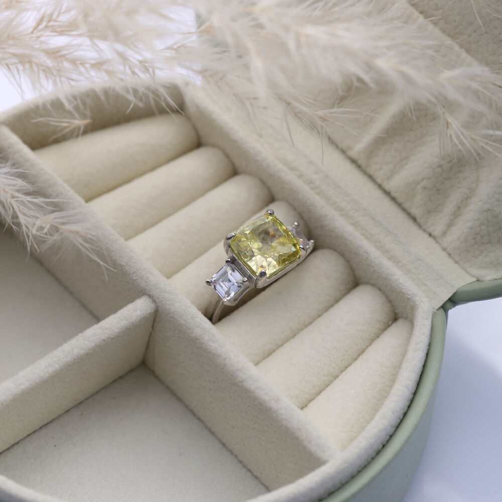 Yellow Citrine CZ Stone Square Design Cluster Zircon Ring