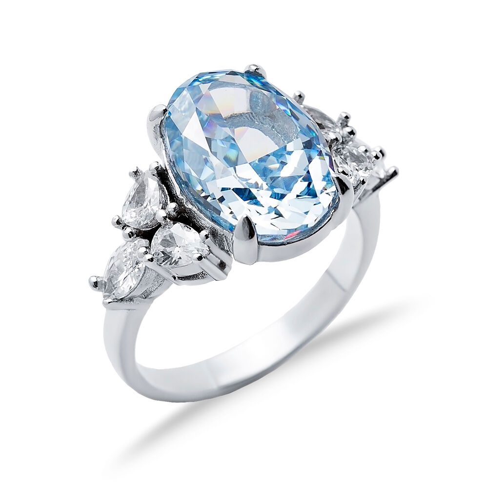 Aquamarine CZ Stone Oval Design Cluster Zircon Ring