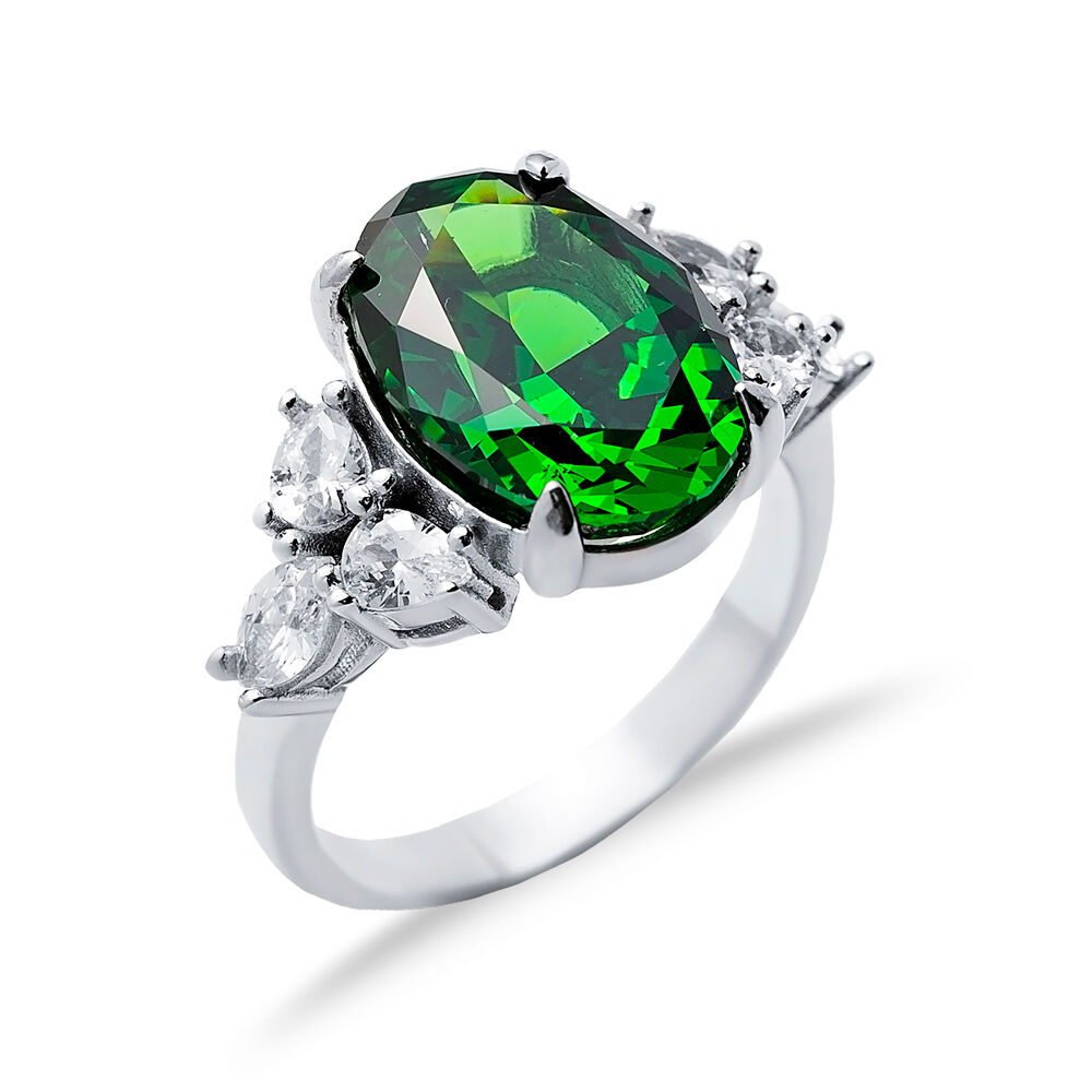 Emerald CZ Stone Oval Design Cluster Zircon Ring