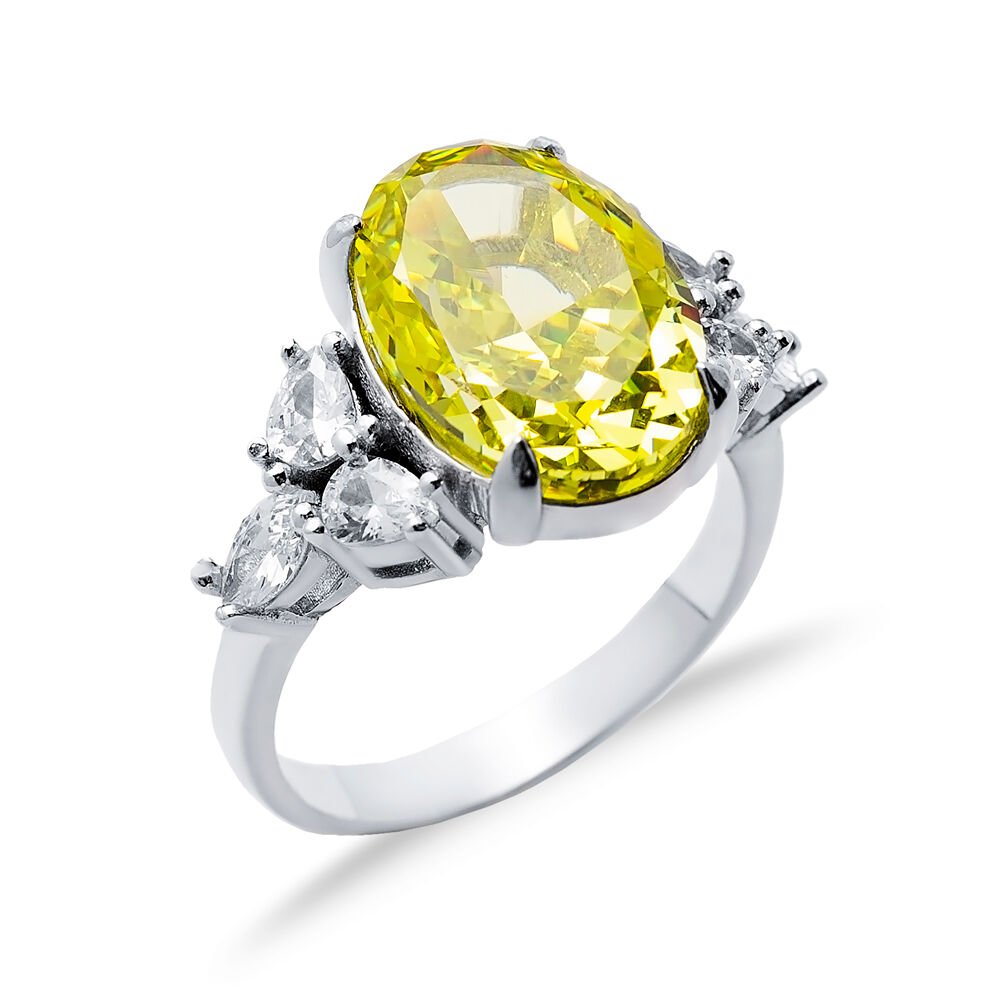 Yellow Citrine CZ Stone Oval Design Cluster Zircon Ring