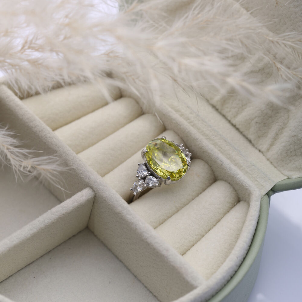 Yellow Citrine CZ Stone Oval Design Cluster Zircon Ring