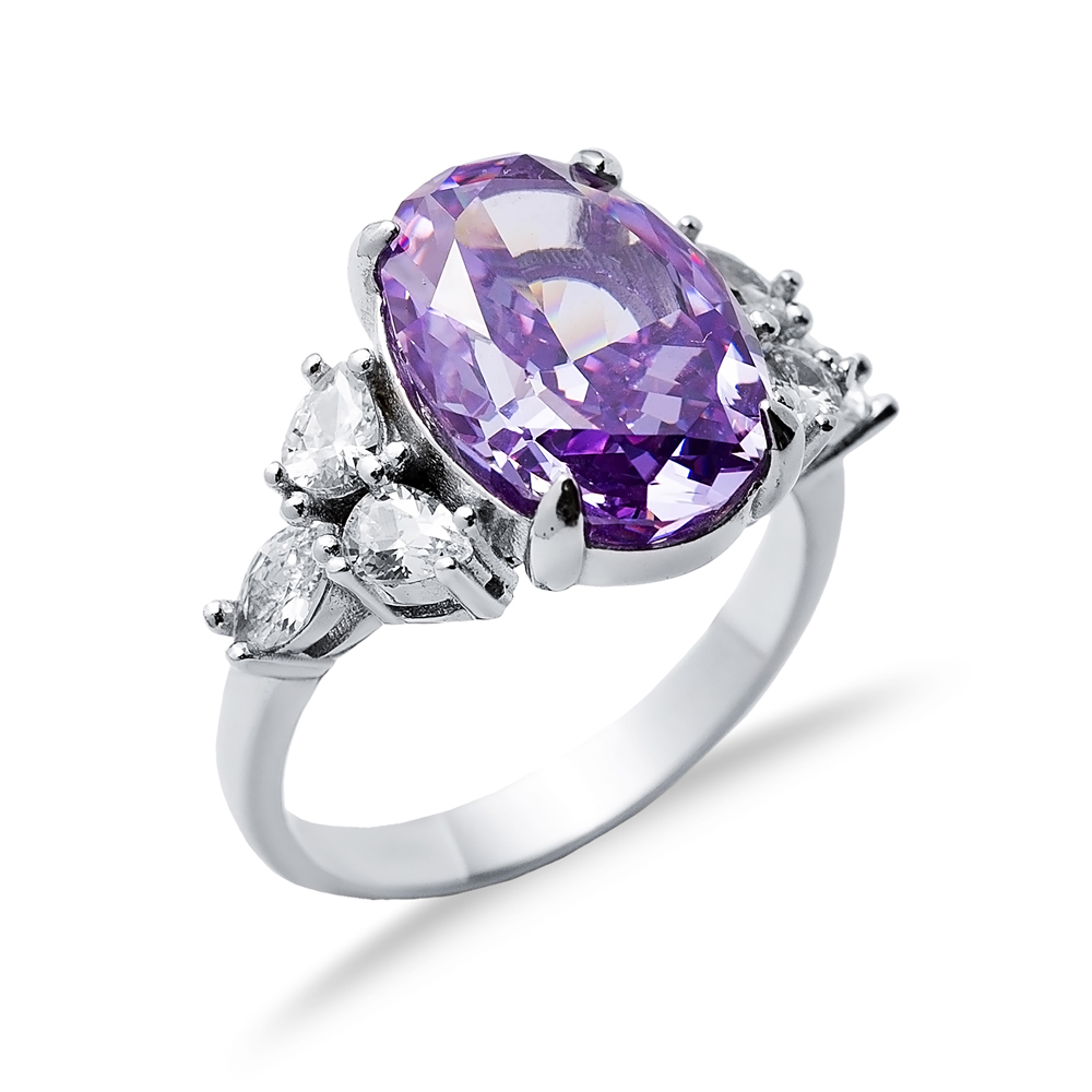 Amethyst CZ Stone Oval Design Cluster Zircon Ring