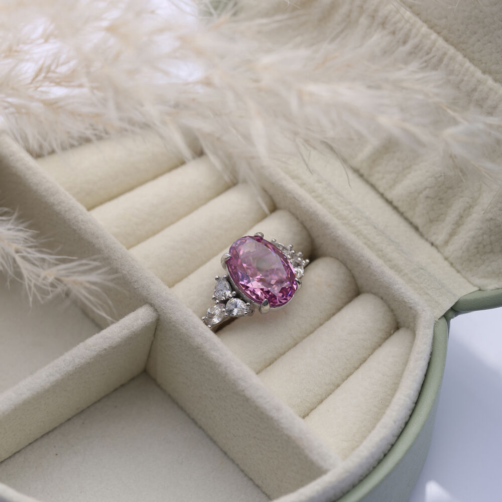 Pink CZ Stone Oval Design Cluster Zircon Ring