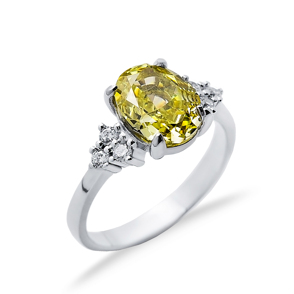 Yellow Citrine CZ Stone Oval Design Cluster Zircon Ring