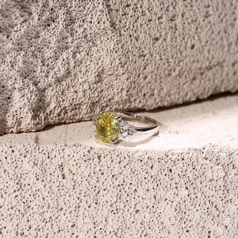 Yellow Citrine CZ Stone Oval Design Cluster Zircon Ring