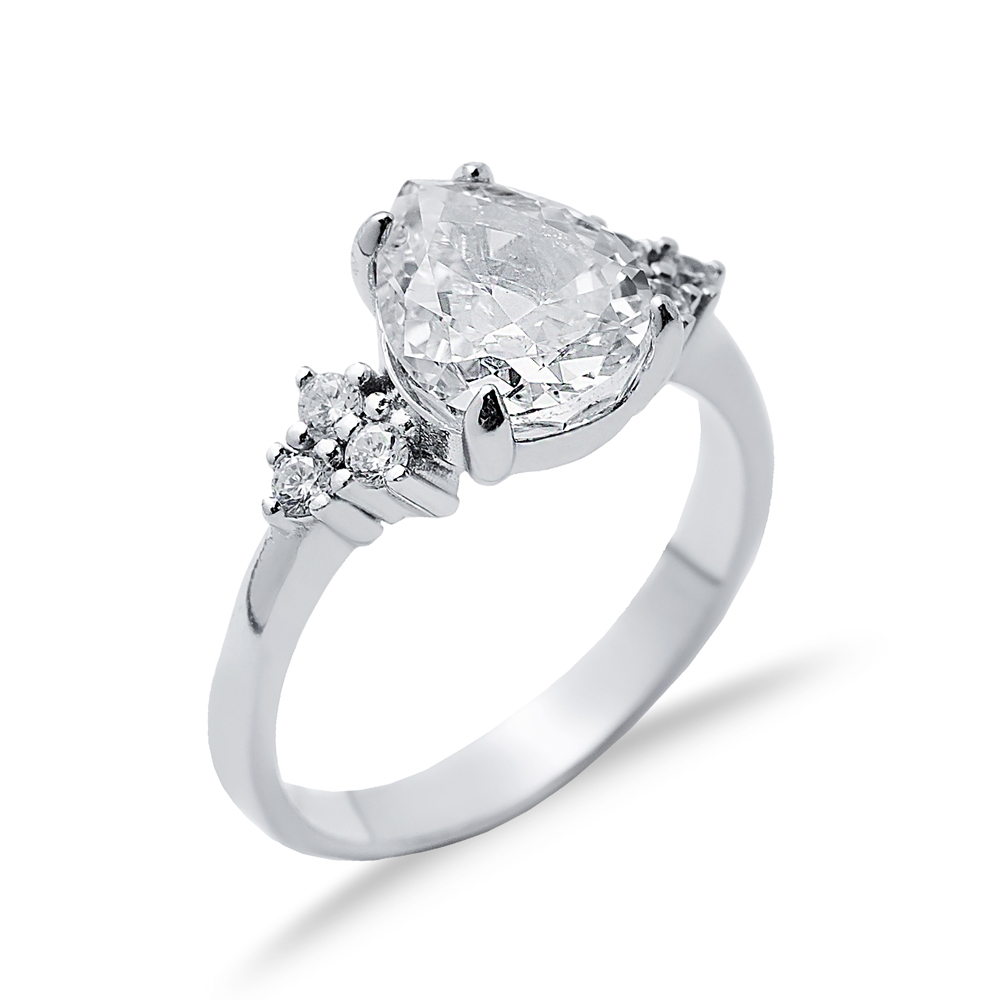 Pear Drop Design White CZ Stone Cluster Zircon Ring Jewelry