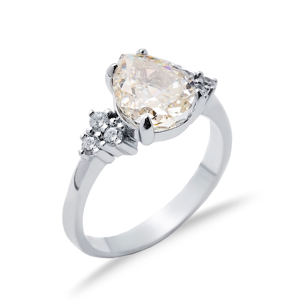 Pear Drop Off White CZ Stone Zircon Cluster Ring Jewelry