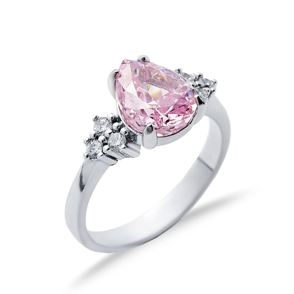 Light Pink CZ Stone Pear Drop Design Cluster Zircon Ring