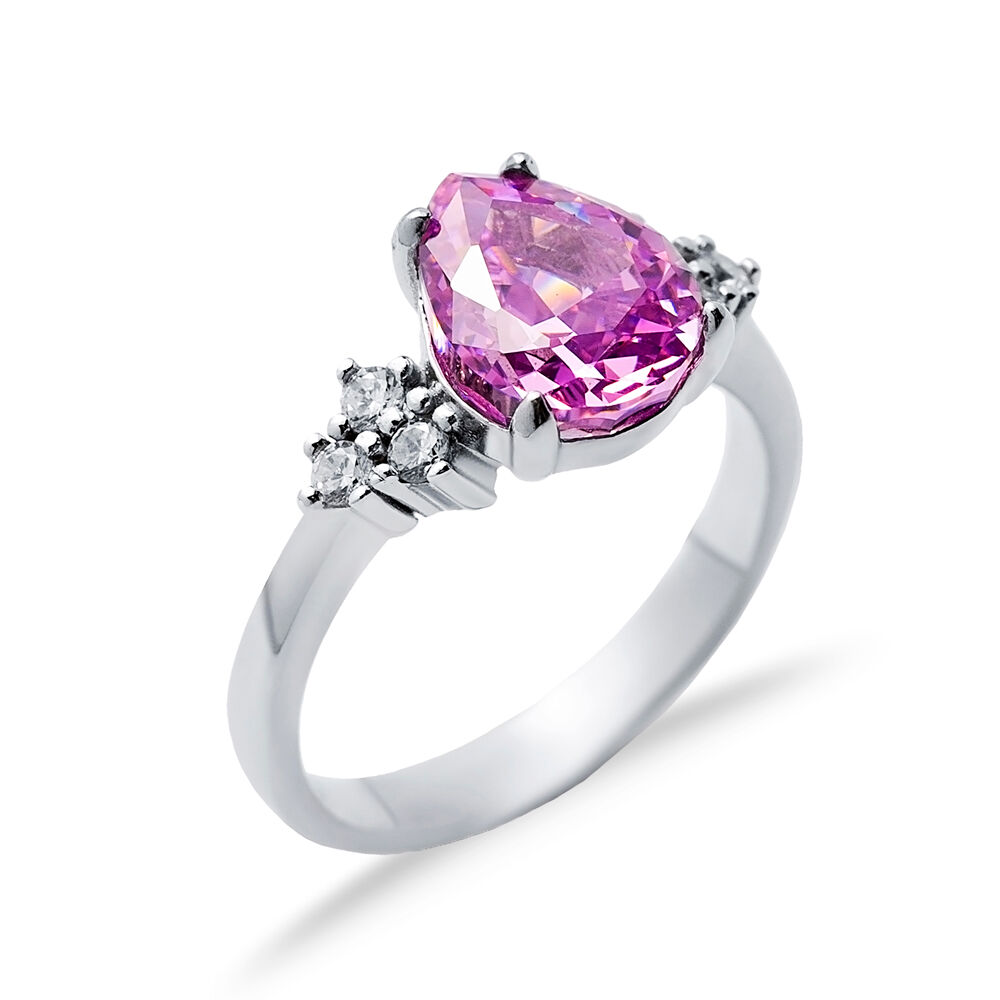 Pink CZ Stone Pear Drop Design Cluster Zircon Ring