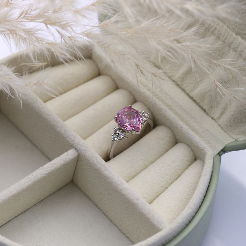 Pink CZ Stone Pear Drop Design Cluster Zircon Ring