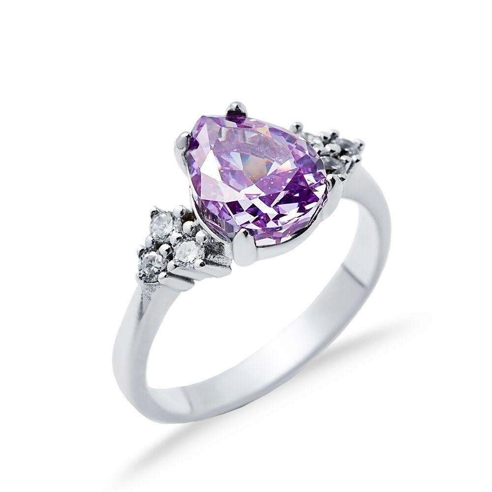 Amethyst CZ Stone Pear Drop Design Cluster Zircon Ring