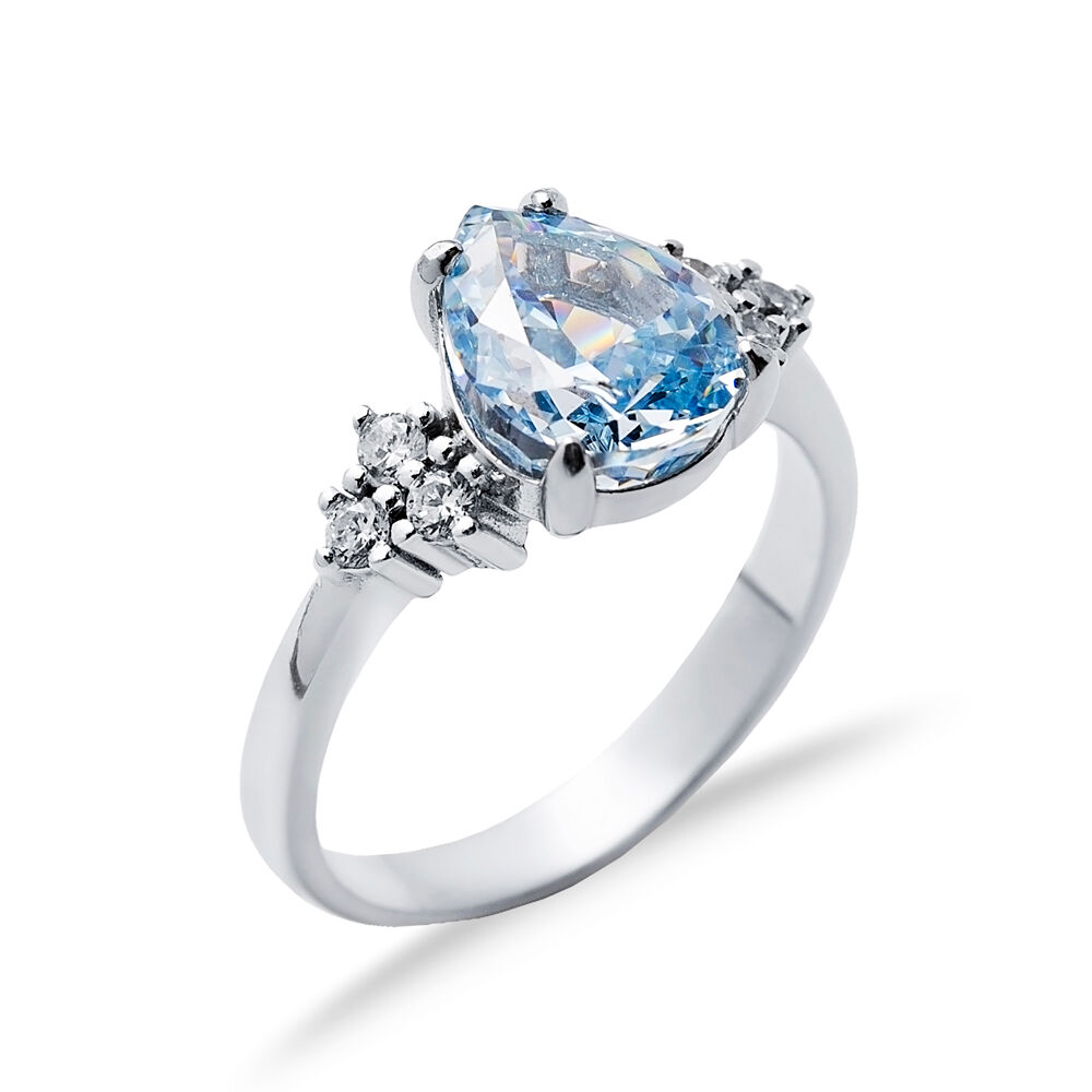 Aquamarine CZ Stone Pear Drop Cluster Zircon Ring