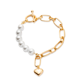 Pearl and Chain Plain Heart Charm Silver Bracelet