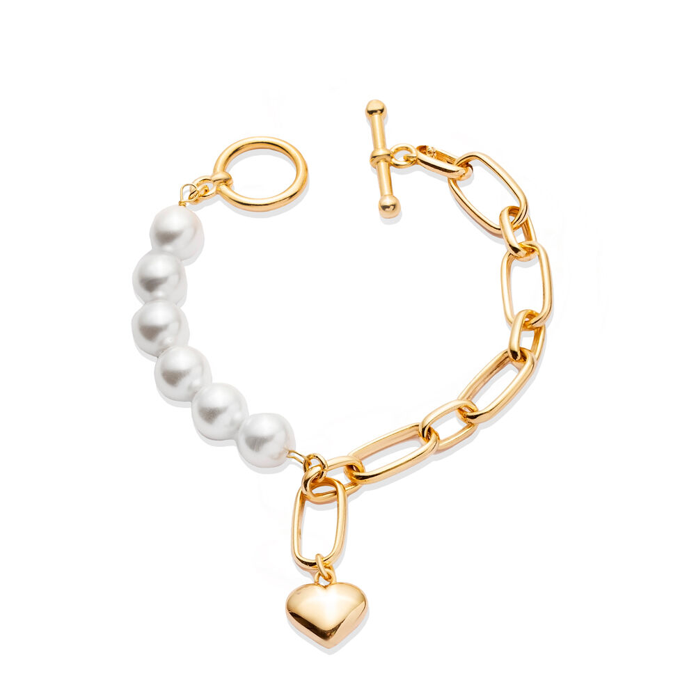 Pearl and Chain Plain Heart Charm Silver Bracelet