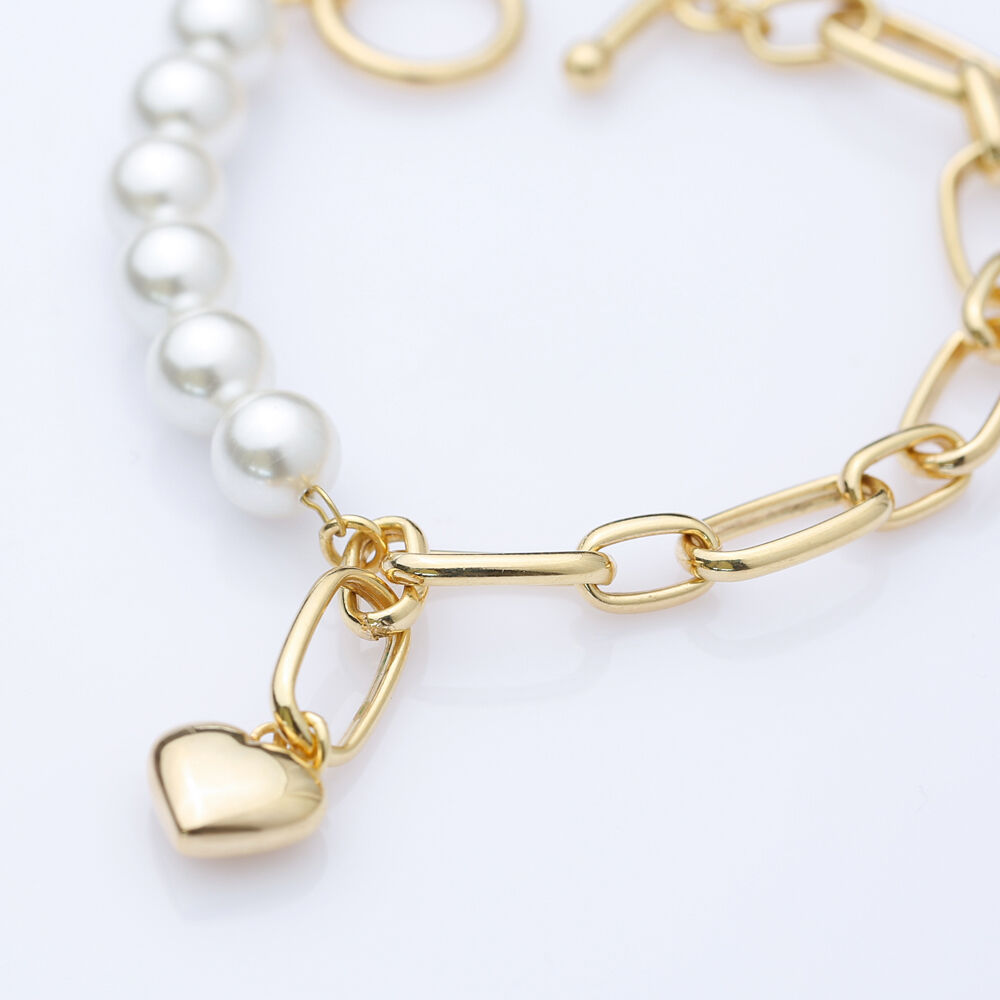 Pearl and Chain Plain Heart Charm Silver Bracelet