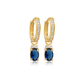 Dainty Hoop Oval Sapphire CZ Stone Silver Dangle Earrings