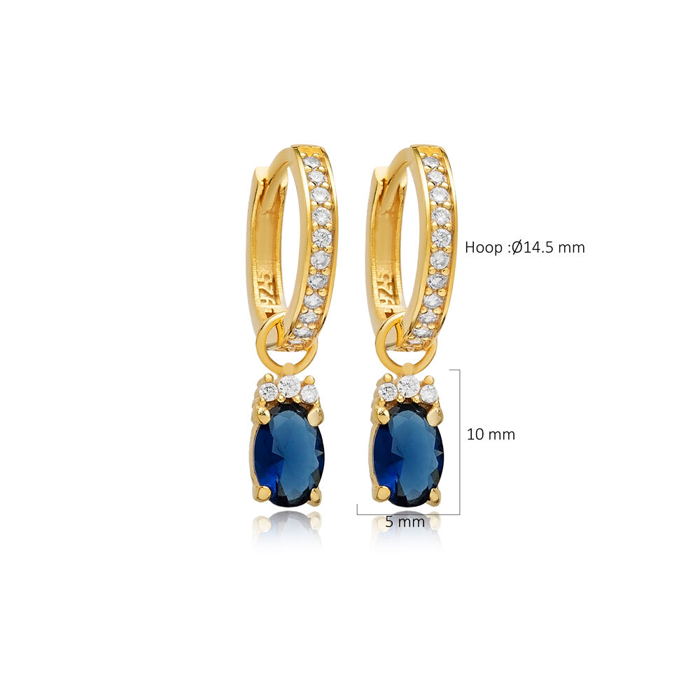 Dainty Hoop Oval Sapphire CZ Stone Silver Dangle Earrings